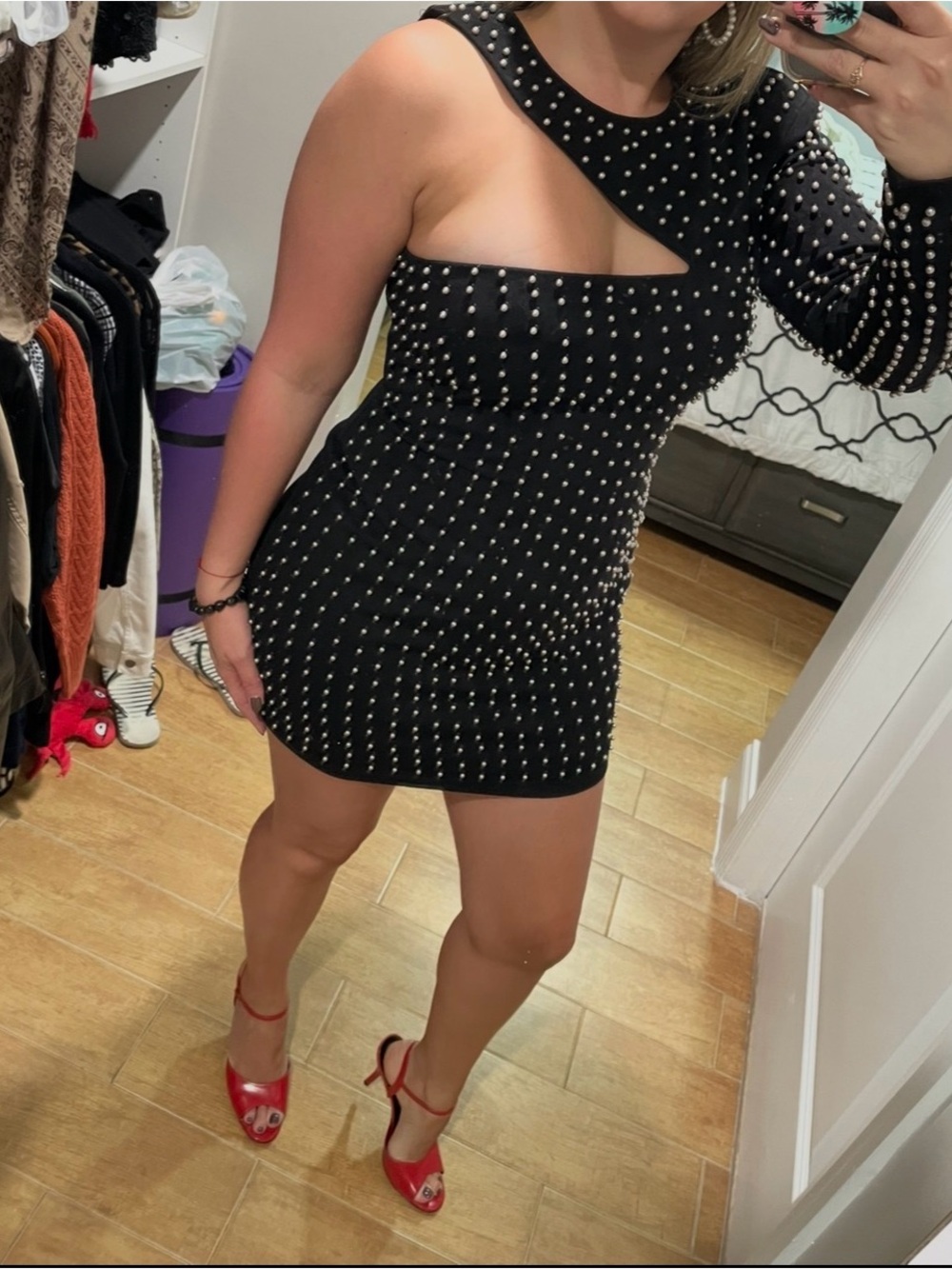 Black Studded One-Shoulder Bodycon Dress